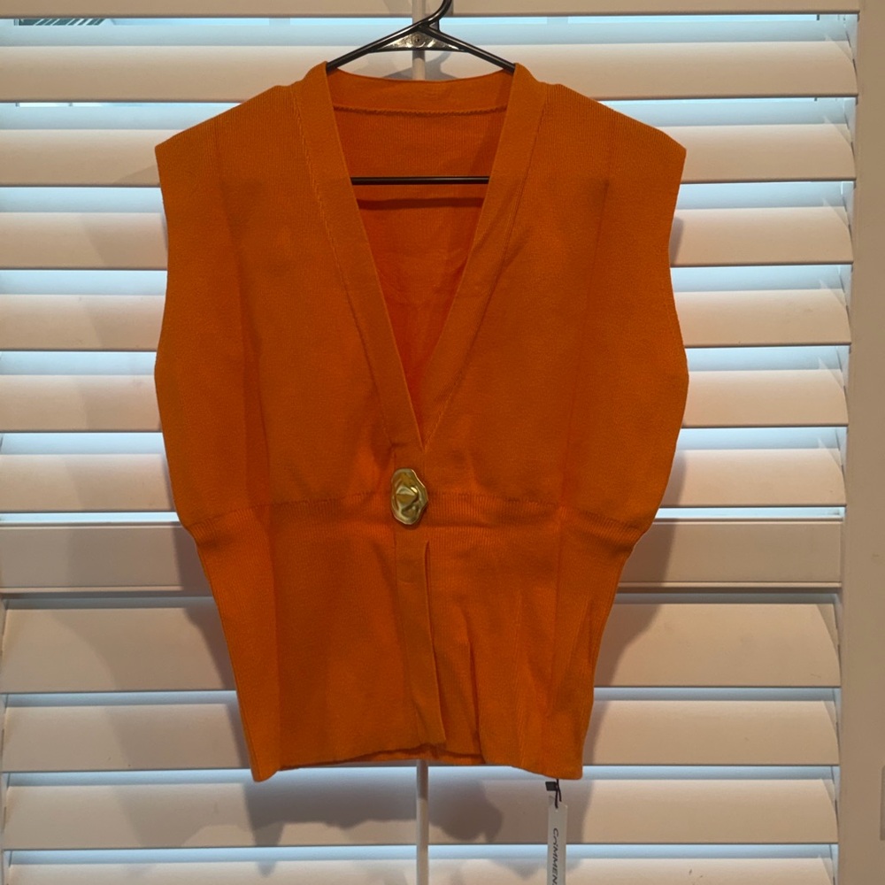 Vibrant Orange Sleeveless Knit Sweater/Vest with Gold Accent